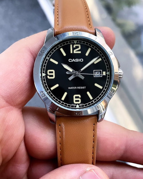 Casio MTP-V004L-1B2 Men's Stainless Steel Brown Leather Band Black Dial Date Watch