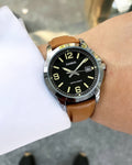 Casio MTP-V004L-1B2 Men's Stainless Steel Brown Leather Band Black Dial Date Watch
